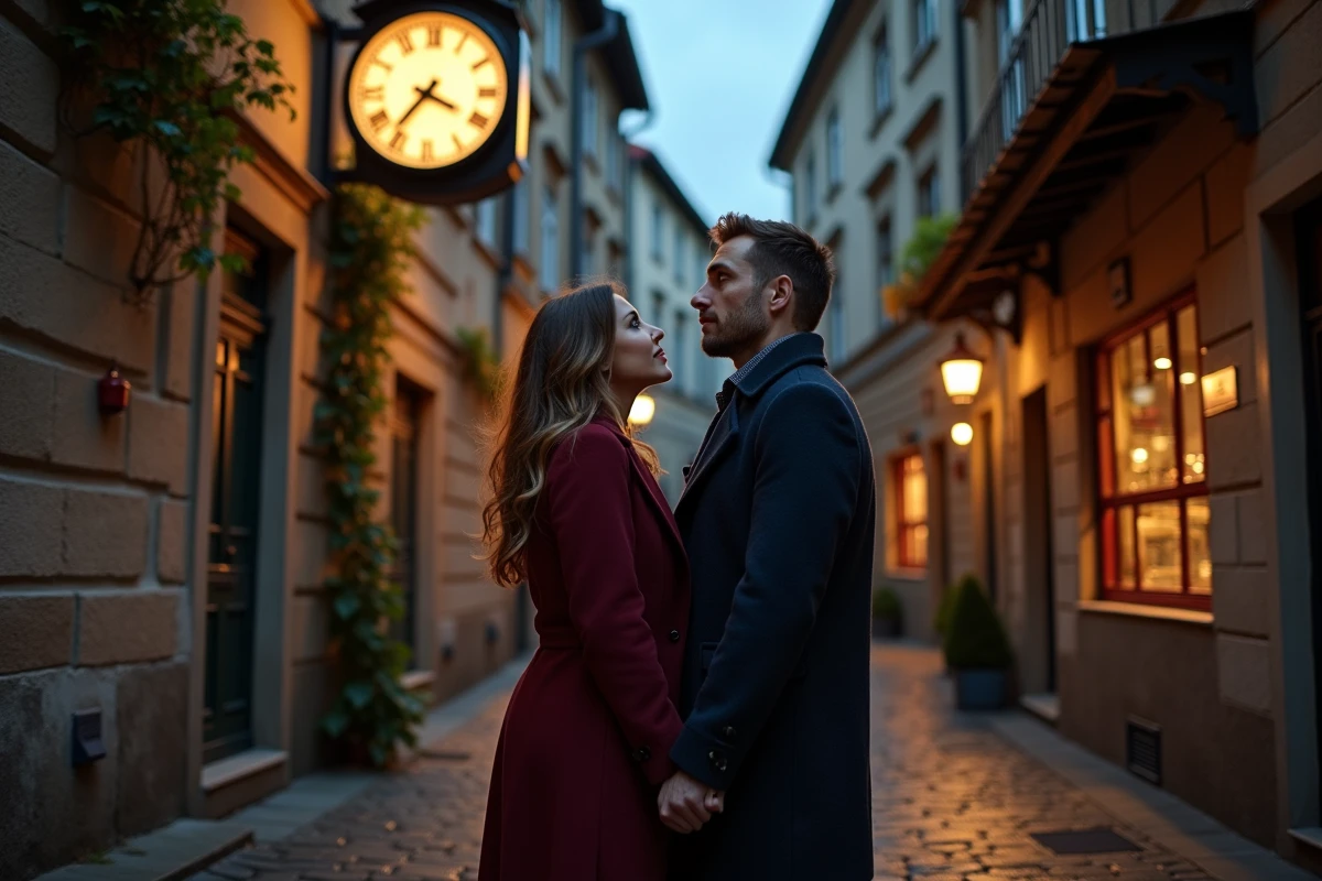 Couple regardant une horloge affichant 22h55 dans une ruelle pavée européenne, symbolisant la rencontre des flammes jumelles