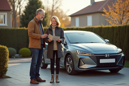 Couple avec voiture hybride dans une rue de banlieue française
