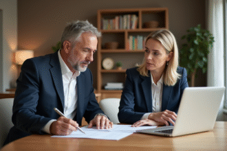 Couple d'adultes discutant de documents immobiliers à la maison