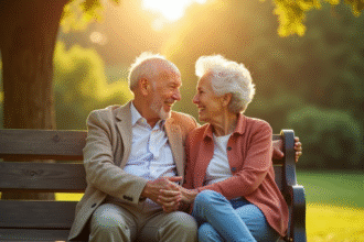 Couple senior assis sur un banc ensoleille dans un parc