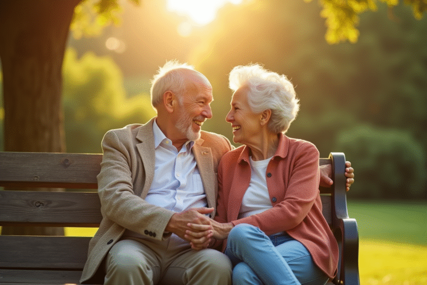 Couple senior assis sur un banc ensoleille dans un parc