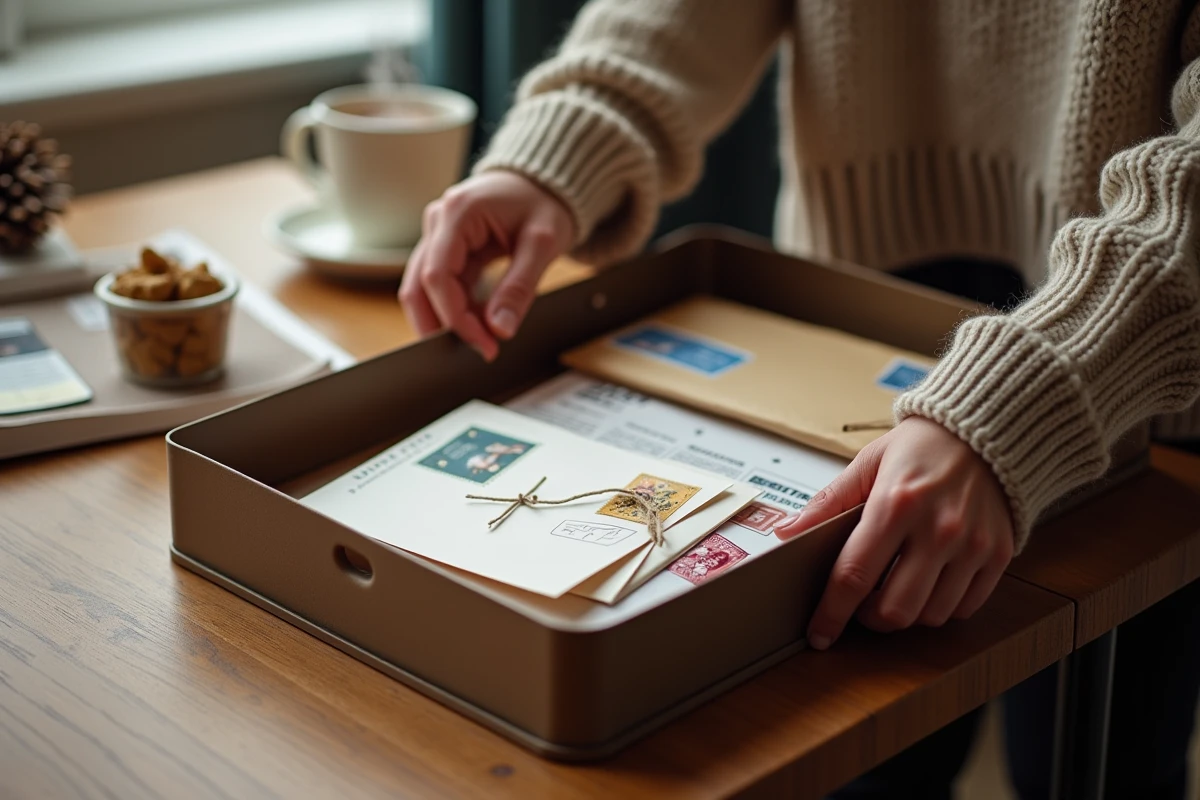 Courrier et cartes de vœux de fêtes triés sur une table en bois avec avis de passage postal en période de Noël