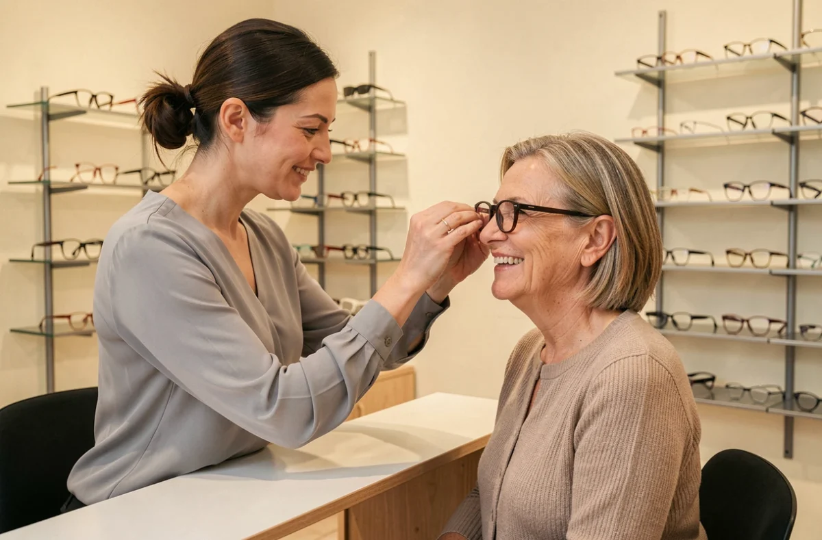 Opticienne indépendante au Mans aidant une cliente à choisir des lunettes dans une boutique au cadre chaleureux