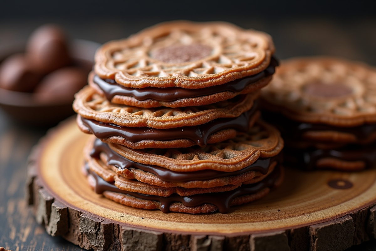 Gros plan sur des morceaux de croustillant chocolat et crêpe sur une planche en bois