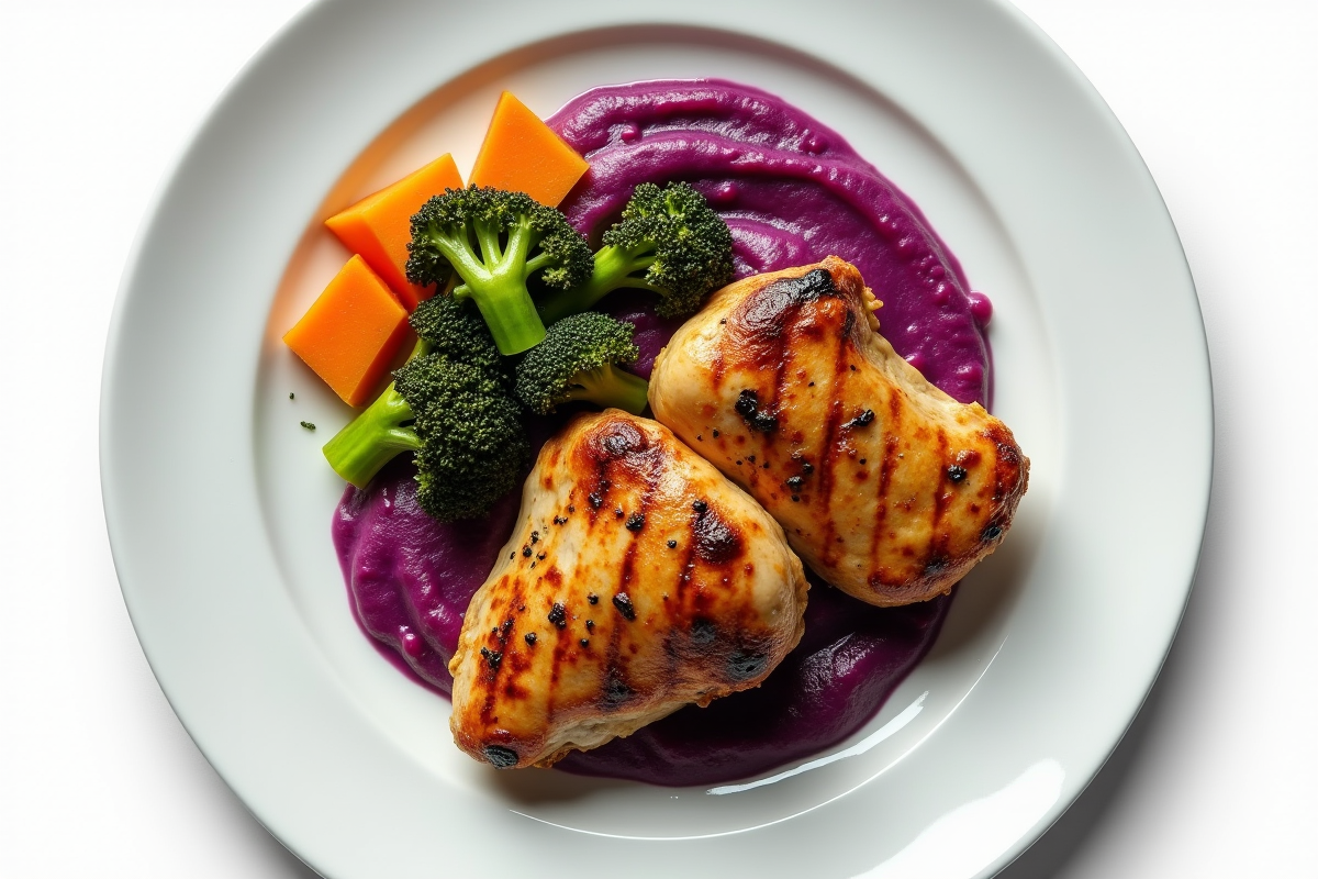 Cuisses de poulet grillées avec romanesco et purée de patate violette