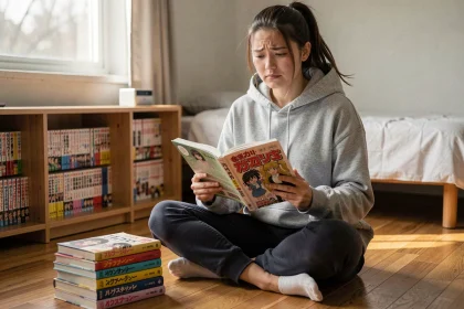 Jeune femme tenant un manga à l'envers avec une expression confuse, entourée de volumes manga sur le sol de sa chambre