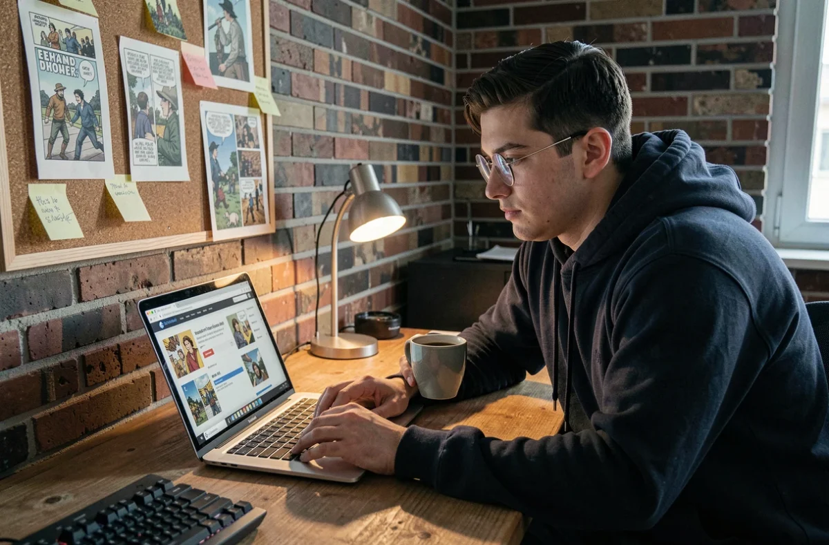 Jeune homme découvrant une plateforme de scans de webtoons sur son ordinateur portable au bureau