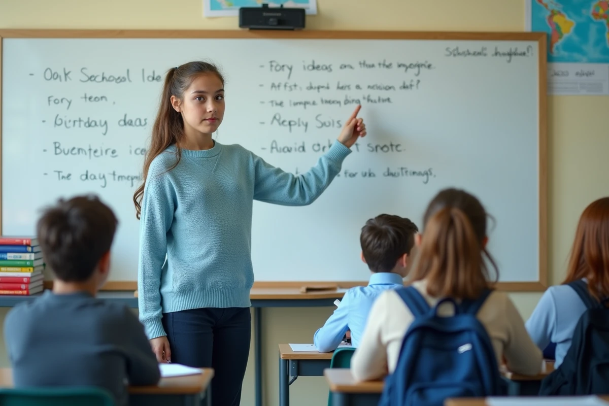 Une déléguée de classe présente ses idées pour améliorer la cour de récréation devant ses camarades dans une salle de classe