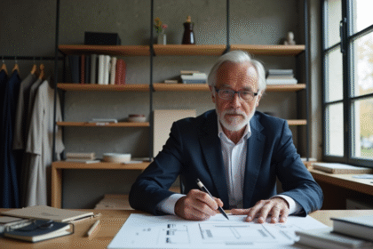 Designer français en studio avec esquisses et livres