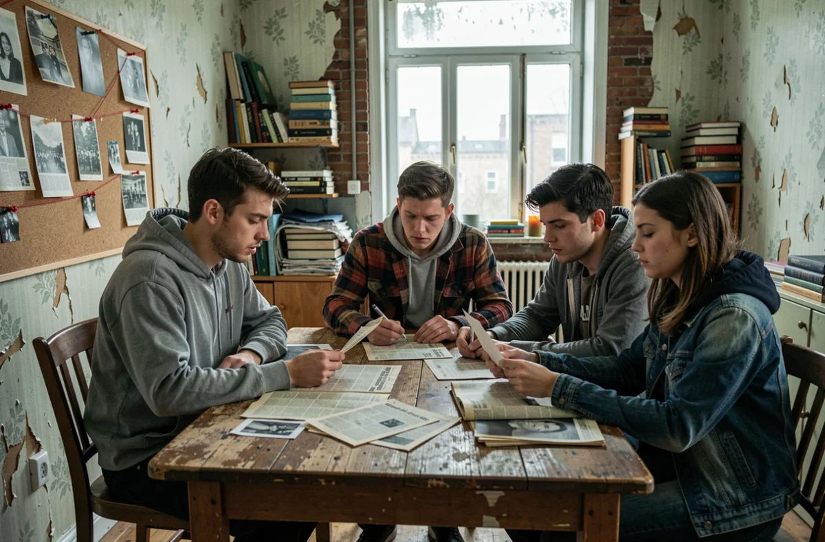 Groupe de jeunes adultes étudiant des indices dans un appartement encombré, évoquant le suspense de Destination Final Bloodlines 2026