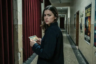 Jeune femme dans le hall d'un vieux cinéma tenant un ticket de film, atmosphère angoissante pour illustrer Destination Final Bloodlines 2026