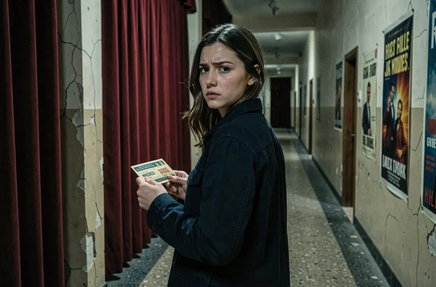 Jeune femme dans le hall d'un vieux cinéma tenant un ticket de film, atmosphère angoissante pour illustrer Destination Final Bloodlines 2026