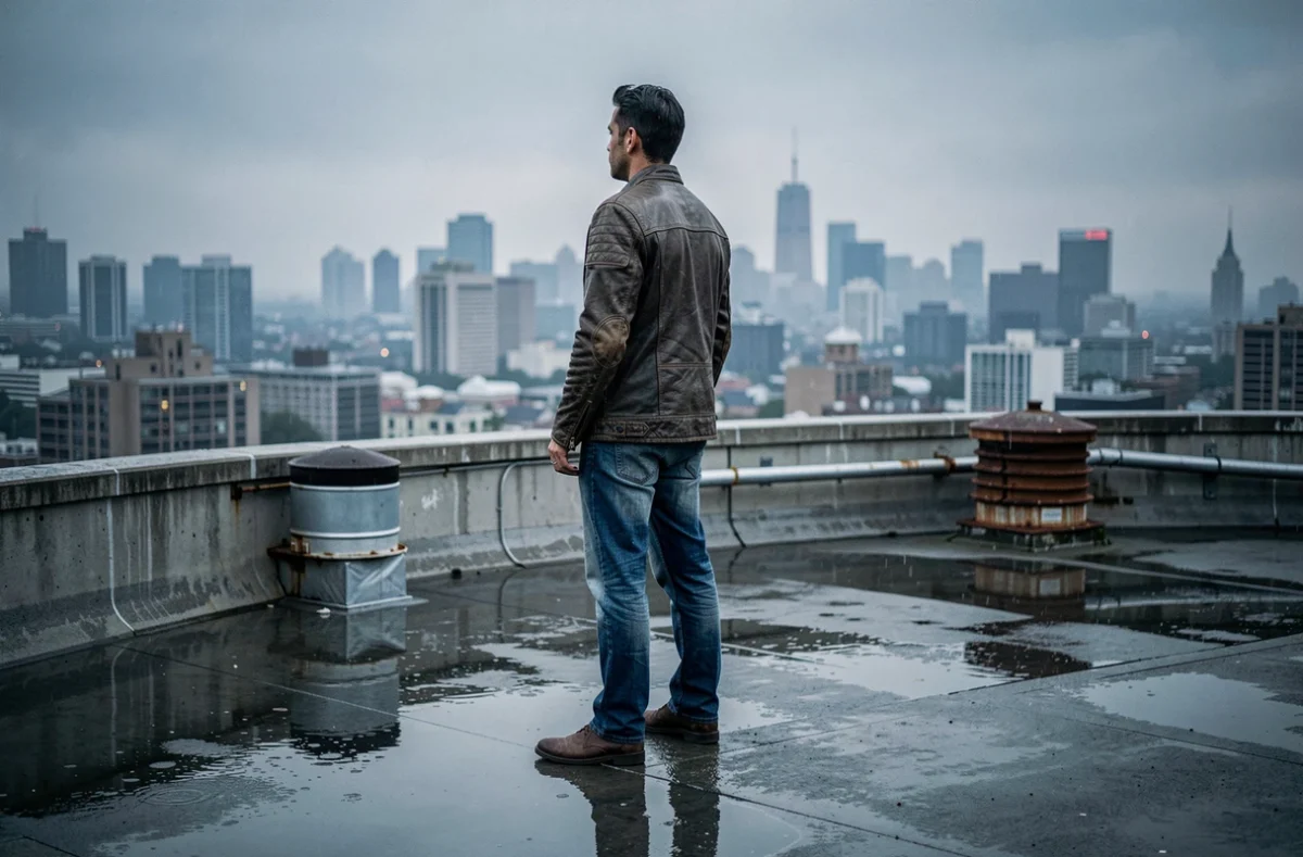 Homme seul sur un toit urbain sous la pluie au crépuscule, ambiance tendue illustrant l'univers de Destination Final Bloodlines 2026