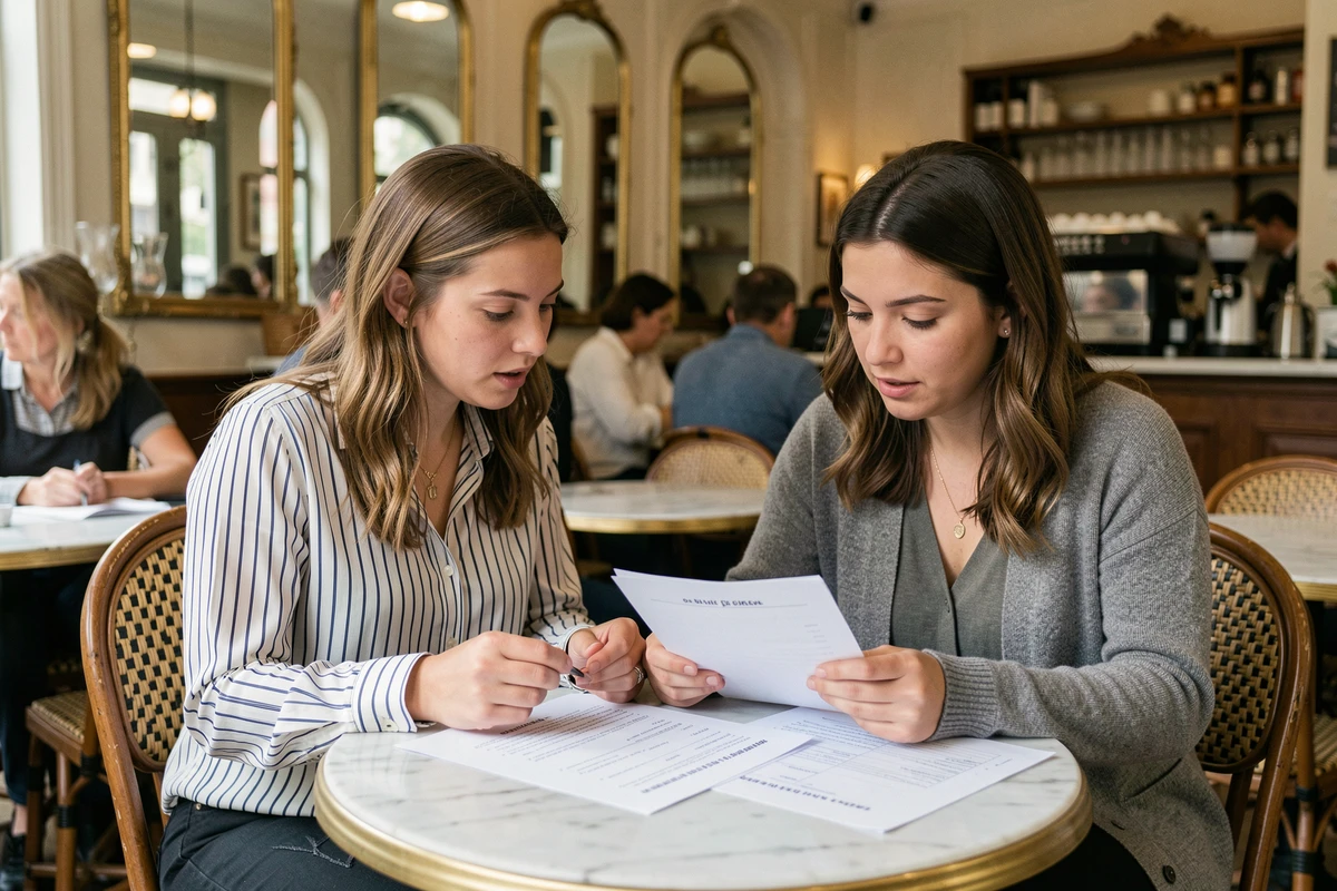 Deux femmes révisant des exercices de grammaire française ensemble dans un café parisien, pratique du participe passé du verbe rejoindre