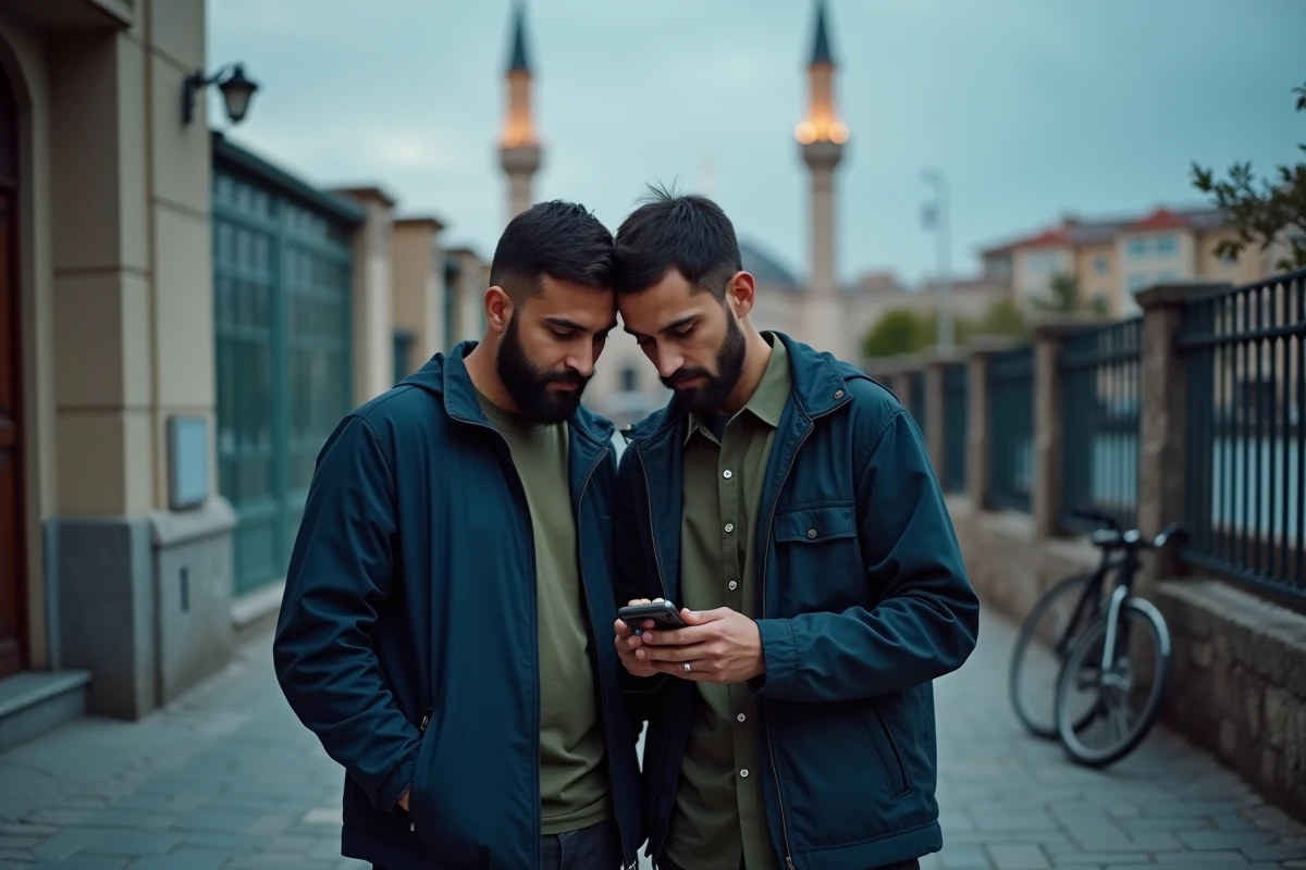 Deux hommes vérifiant ensemble les horaires de prière Imsak sur smartphone devant une mosquée