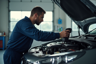 Mécanicien utilisant un scanner sur une Citroën dans un garage lumineux