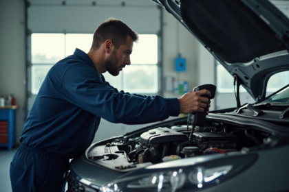 Mécanicien utilisant un scanner sur une Citroën dans un garage lumineux
