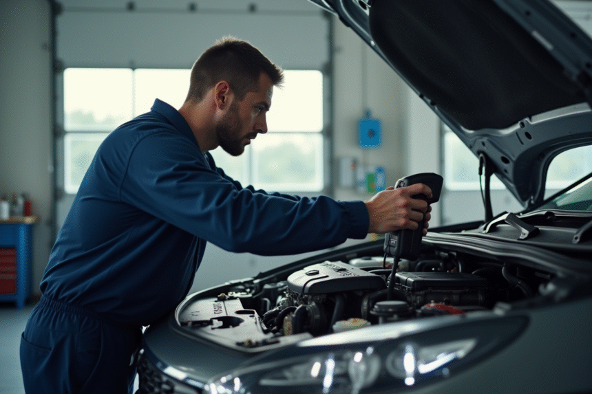 Mécanicien utilisant un scanner sur une Citroën dans un garage lumineux