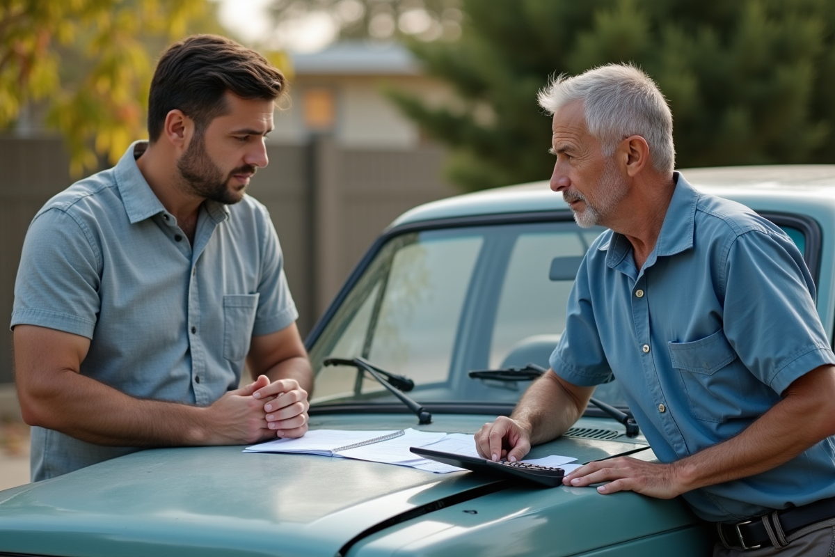 Homme discutant avec son assureur devant une voiture ancienne endommagee