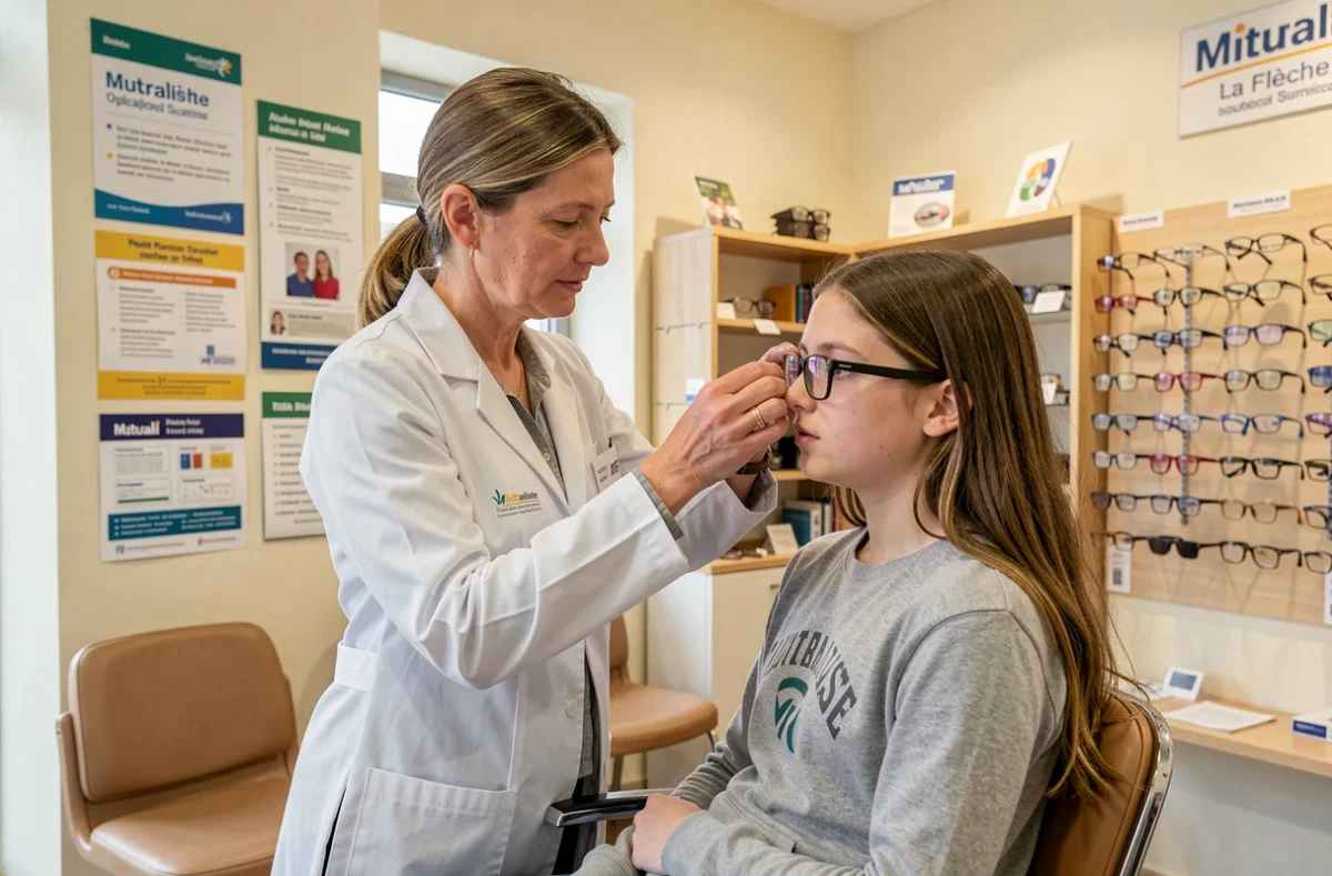 Opticienne Écouter Voir La Flèche ajustant des lunettes à une adolescente dans la boutique mutualiste du sud Sarthe