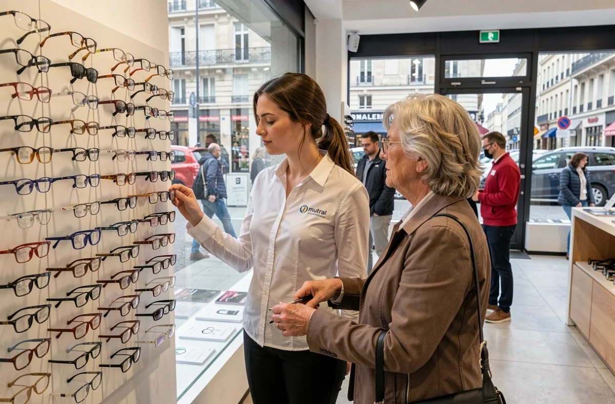 Opticienne du réseau mutualiste Écouter Voir centre-ville Gambetta au Mans aidant une cliente à choisir des lunettes