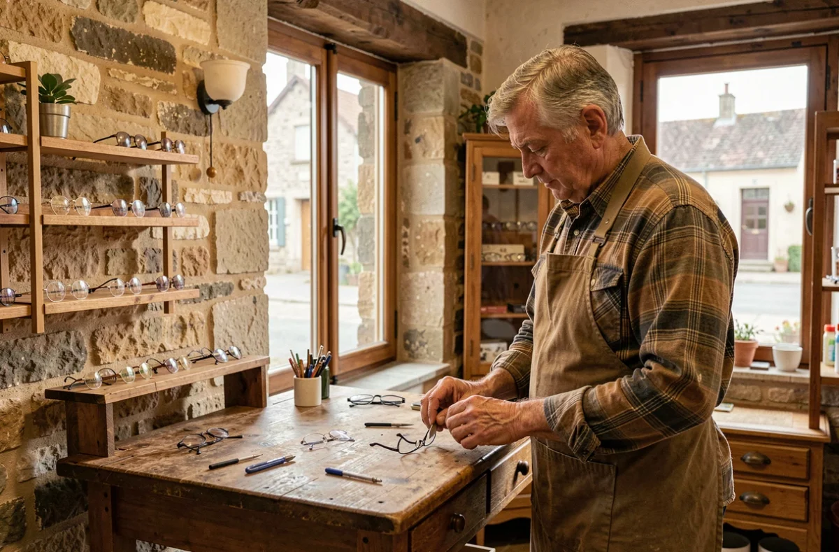 Opticien de Solesmes nettoyant des lunettes dans sa boutique indépendante rurale au cœur de la Sarthe