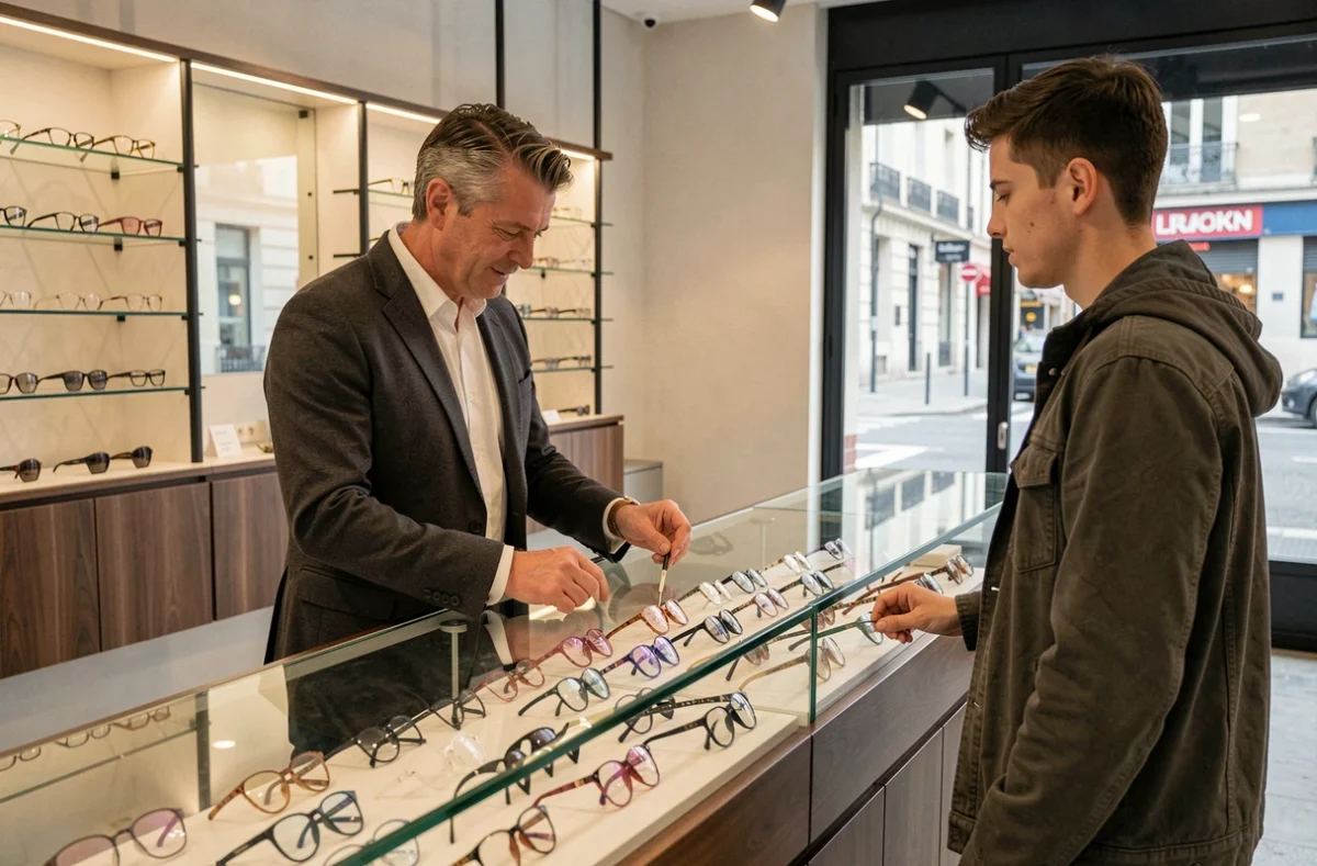 Opticien du magasin Edgard Opticiens rue de Bolton au Mans présentant des montures tendance à un client