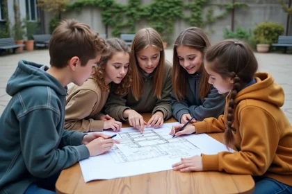 Des élèves délégués de classe réunis autour d'un plan dessiné à la main pour améliorer la cour de récréation de leur école