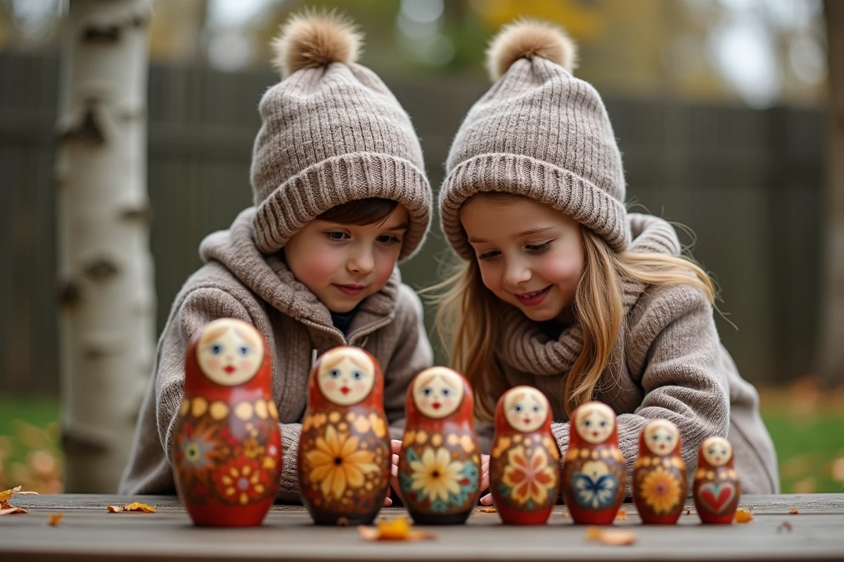 Enfants examinant des poupées russes en extérieur