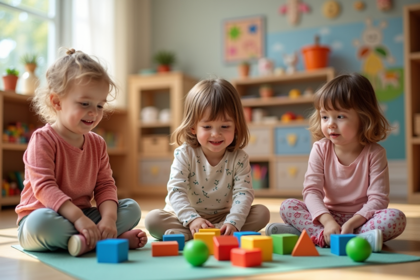 Groupe d'enfants en classe jouant avec des formes colorées