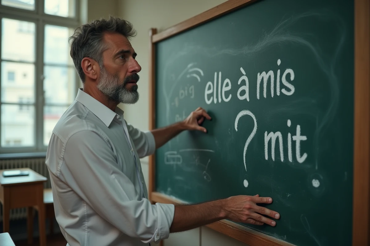 Enseignant expliquant la règle grammaticale du participe passé devant un tableau noir dans une salle de classe