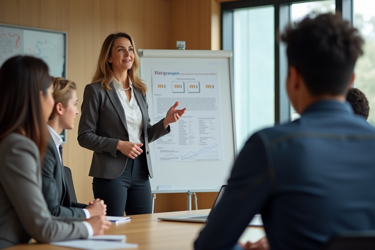 Femme en réunion expliquant un graphique à un groupe