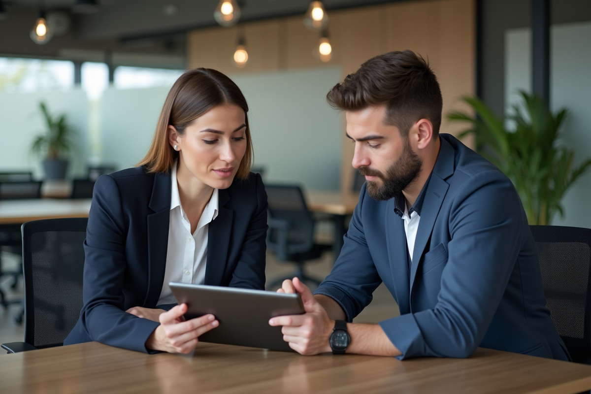 Manager RH rencontrant un employé dans un espace de travail moderne