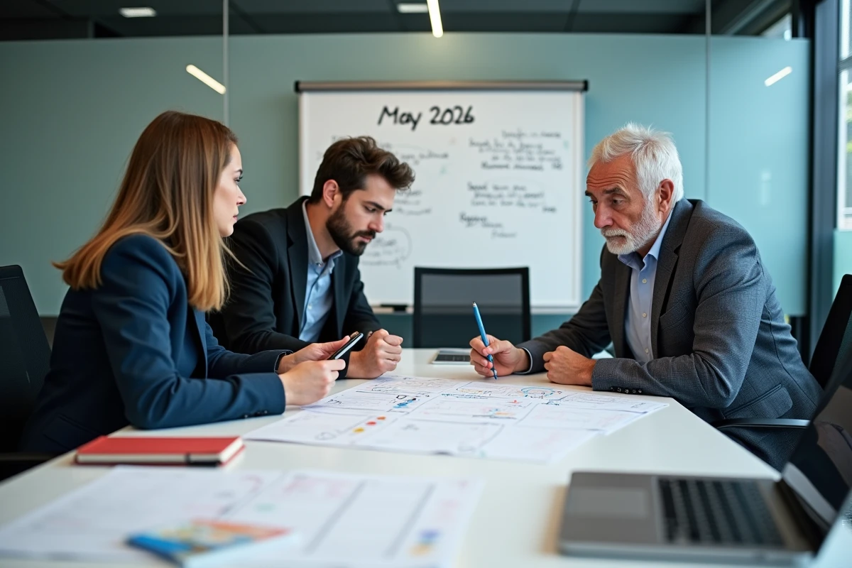 Équipe de salariés en réunion pour planifier les ponts et jours fériés de mai 2026 selon leur convention collective