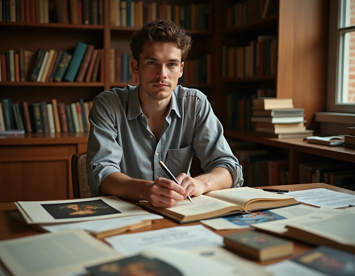 Étudiant en histoire de l'art entouré de reproductions de Léonard de Vinci et Picasso dans une bibliothèque universitaire