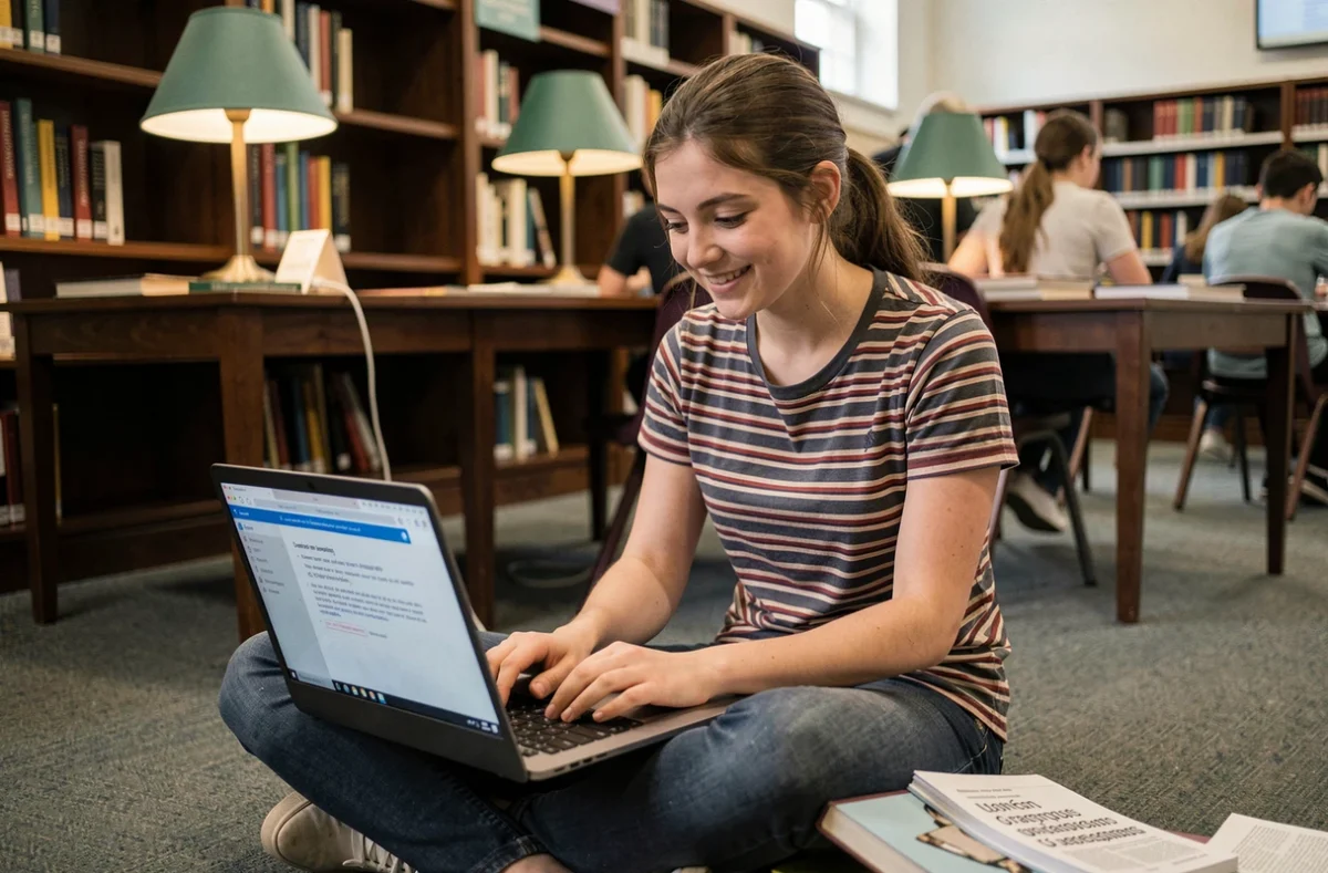 Étudiante universitaire utilisant un correcteur de texte en français sur son ordinateur portable dans une bibliothèque