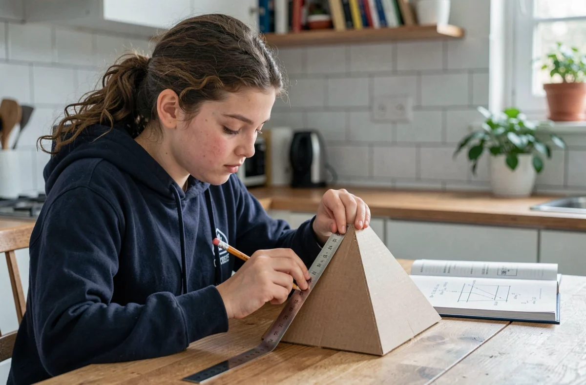 Jeune étudiante mesurant une pyramide à base carrée en carton avec un manuel de mathématiques ouvert sur les formules de volume