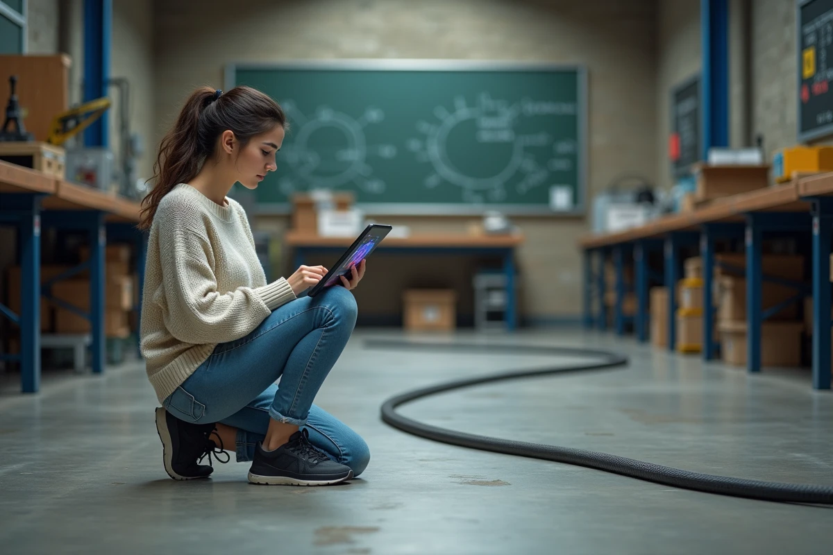 Jeune étudiante en physique manipulant un câble dans un laboratoire
