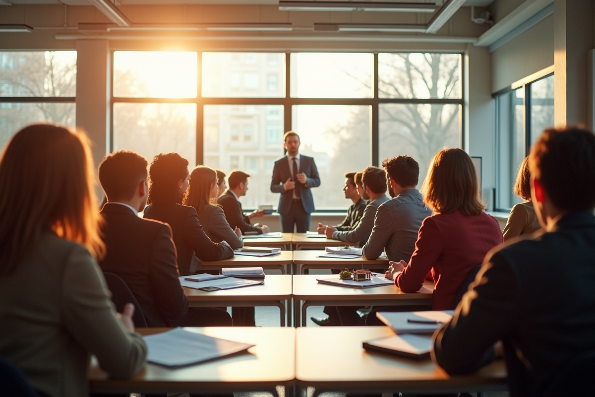 Groupe d etudiants écoutant un instructeur en immobilier en classe lumineuse