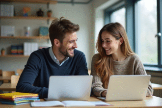 Jeune homme et femme discutant à l'université