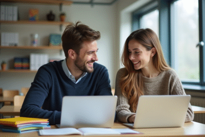 Jeune homme et femme discutant à l'université