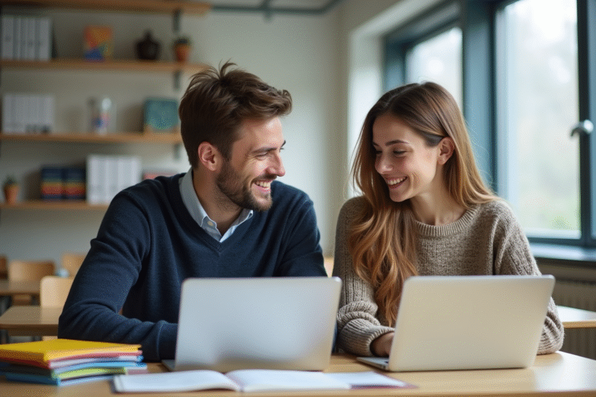 Jeune homme et femme discutant à l'université