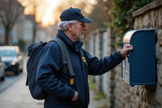 Facteur déposant des cartes de vœux et courriers de fêtes dans une boîte aux lettres résidentielle en hiver