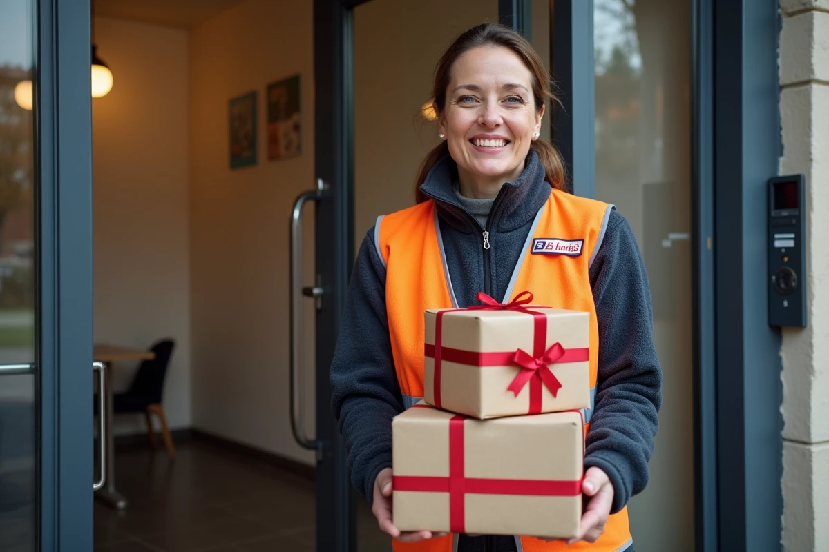 Factrice en période de fêtes livrant des colis et courriers à l'entrée d'un immeuble résidentiel urbain