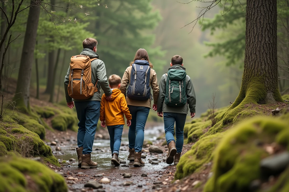Famille en randonnée sur un sentier forestier verdoyant pendant un week-end de pont du mois de mai