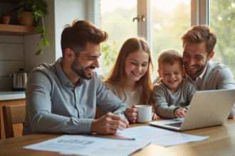 Famille souriante dans la cuisine avec documents et ordinateur