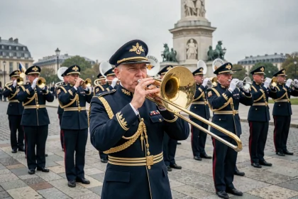 Musicien de fanfare militaire française en uniforme jouant du trombone lors d'une cérémonie commémorative en plein air