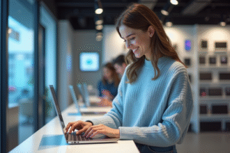 Jeune femme souriante achetant un ordinateur en magasin