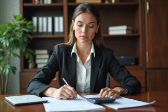 Femme d'affaires examinant des documents de prêt immobilier