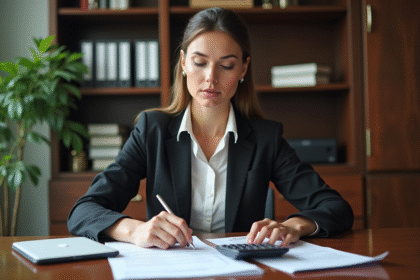 Femme d'affaires examinant des documents de prêt immobilier